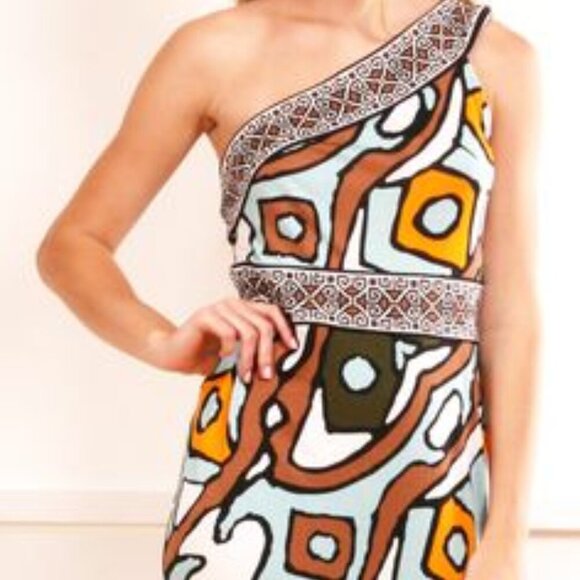 DVF Diane Von Furstenberg Societes One Shoulder 100% Silk Dress Aztec Stretch 2 - Picture 7 of 15